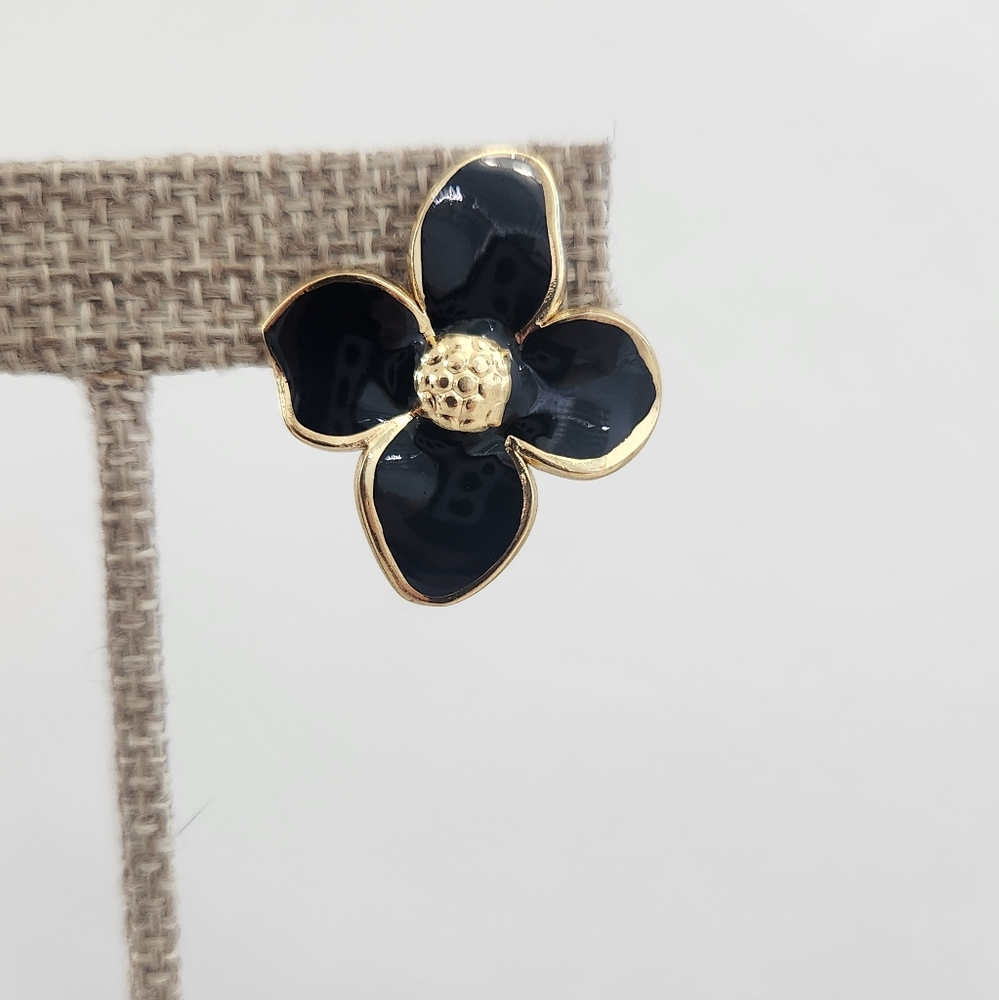Gold & Black Enamel Flower Stud Earrings - Picture 5 of 6